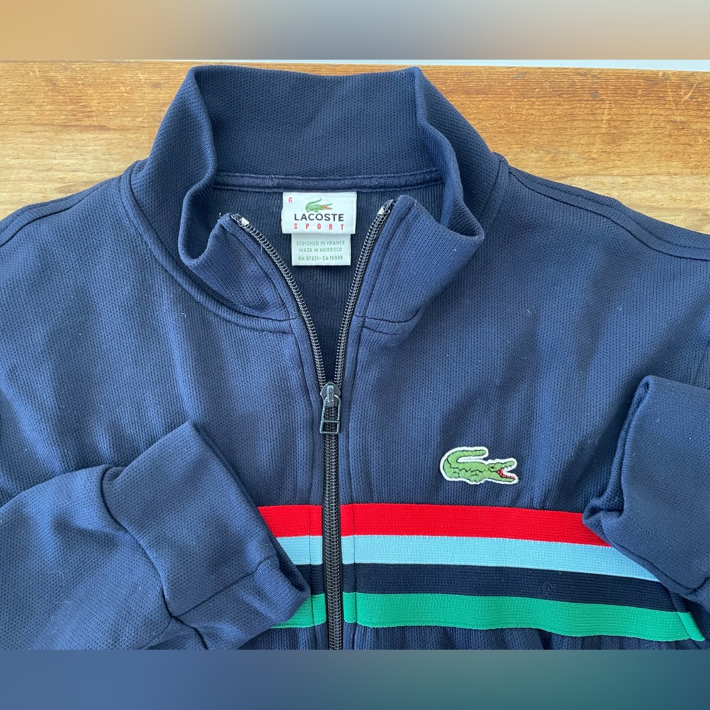 Vintage Lacoste Warm Up Track Jacket Navy Blue Stripes Long Sleeve Menâs Sz 6